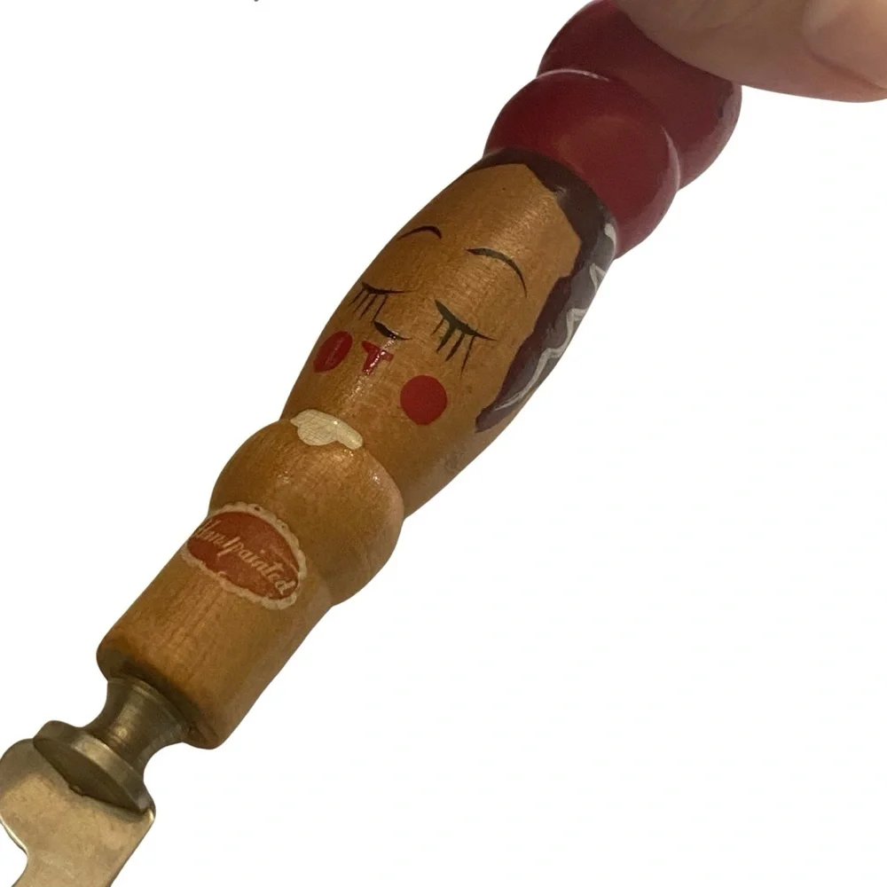 Vintage 40s 50s Hand Painted Face Lady Fillet Knife Kitchen Utensil Red Wood